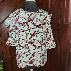 Floral Ruffle Sleeve Blouse Lucca XL White & Red Bird Keyhole Back Detail